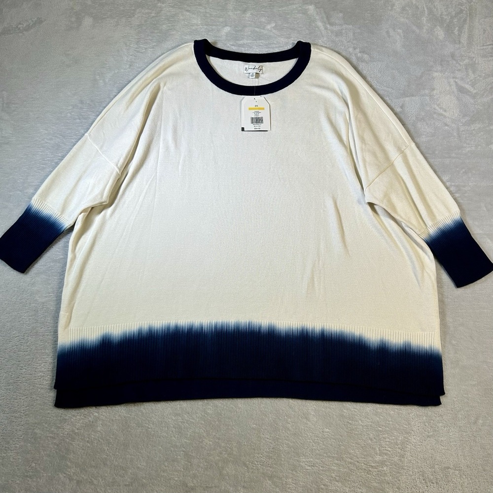 Wonderly Dip Dye Top 2X Ombre Lightweight Knit Coastal Boho Ivory Blue NWT